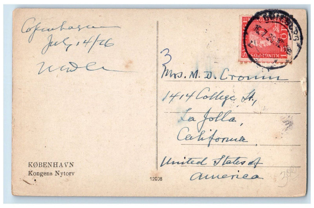 1926 Kongens Nytorv Public Square Kobenhavn (Copenhagen) Denmark Postcard