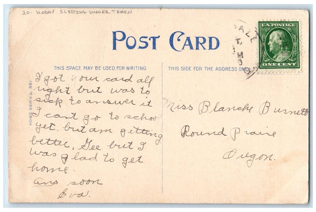 c1910's Hobos Sleeping Under Train Hammock Round Praire Oregon OR Postcard