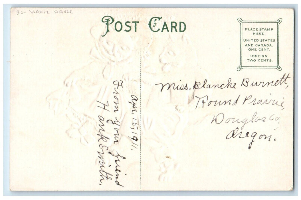 1911 Anthropomorphic Cats Waltz Dance Embossed Douglas County Oregon OR Postcard