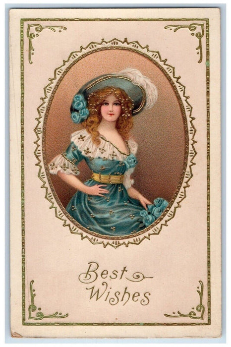 c1910's Best Wishes Pretty Woman Big Hat Embossed Gel Gold Gilt Posted Postcard