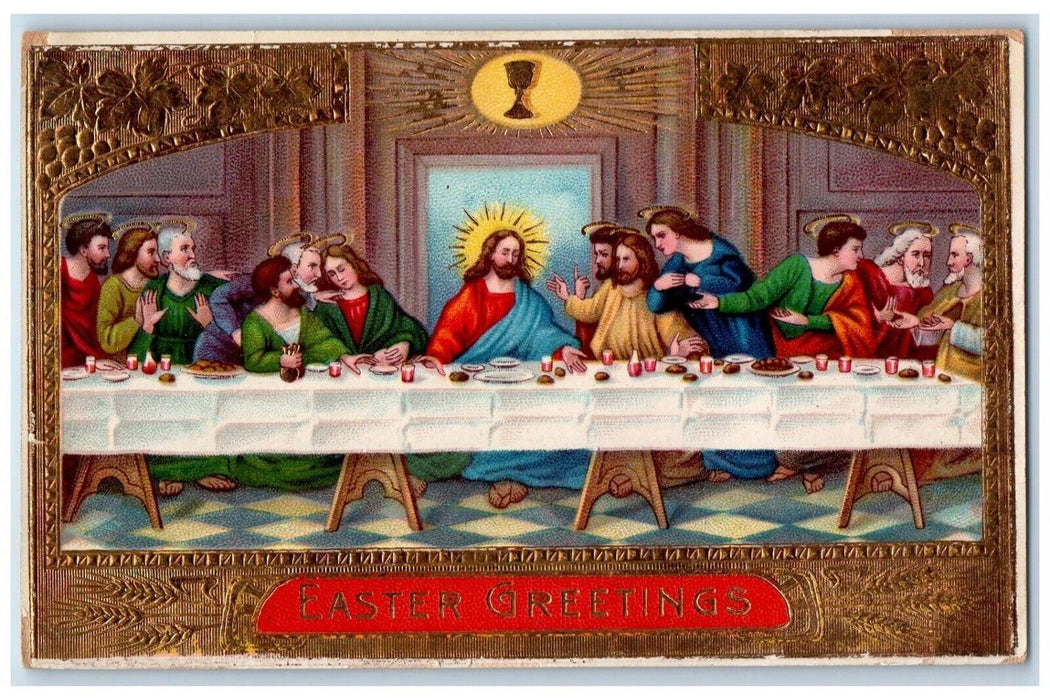 c1910's Easter Greetings Last Supper Religious Embossed Gel Gold Gilt Postcard