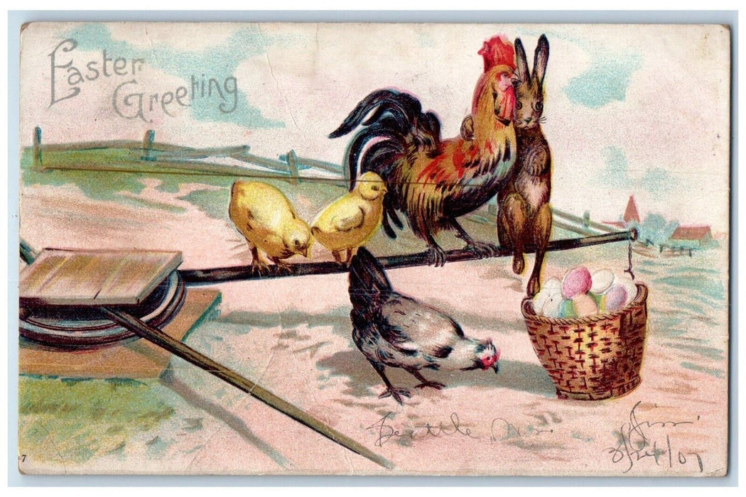 Easter Greeting Rooster Rabbit Chicks Egg Basket Clapsaddle Everette WA Postcard