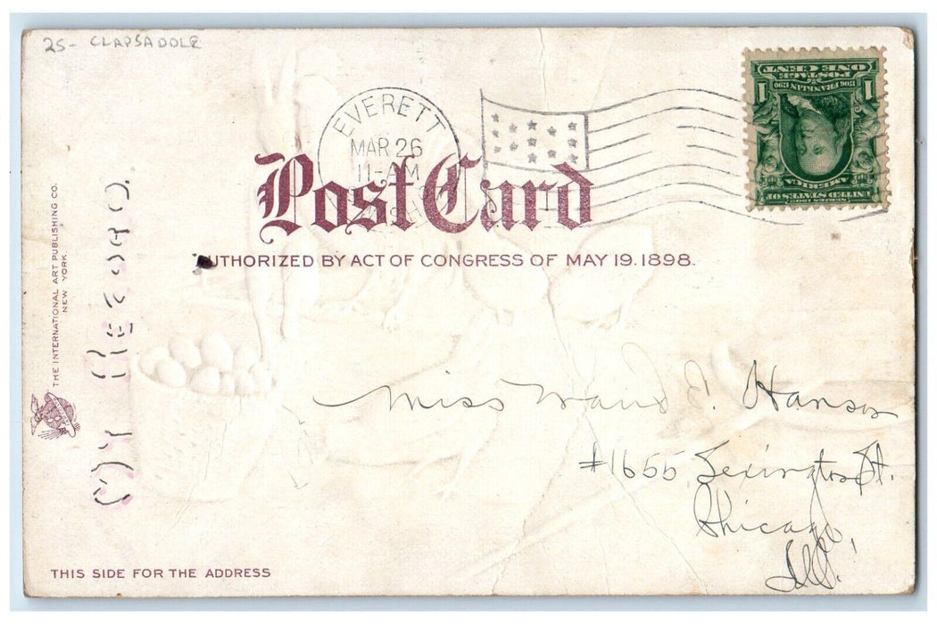 Easter Greeting Rooster Rabbit Chicks Egg Basket Clapsaddle Everette WA Postcard