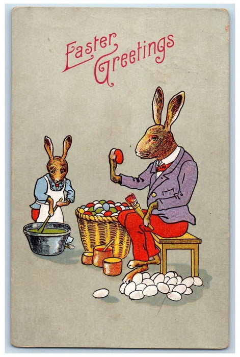 Easter Greeting Anthropomorphic Rabbit Egg Painting Fowler IN Antique Postcard