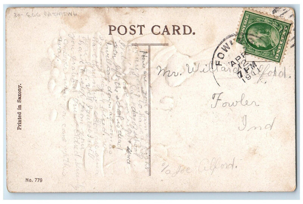 Easter Greeting Anthropomorphic Rabbit Egg Painting Fowler IN Antique Postcard