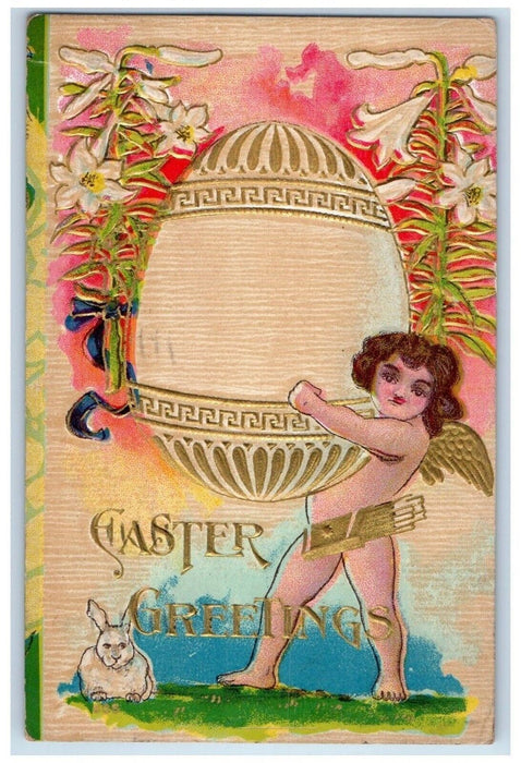 1910 Easter Greetings Angel Cupid Egg Lilies Flowers Toledo Ohio OH Postcard