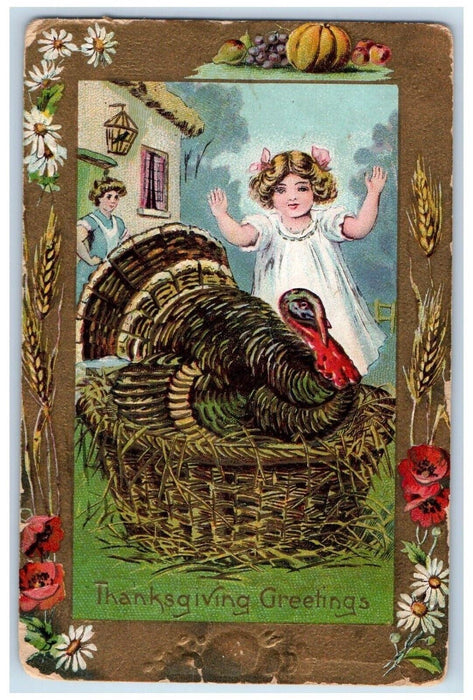 1910 Thanksgiving Greetings Child Turkey Embossed Chicago IL Antique Postcard