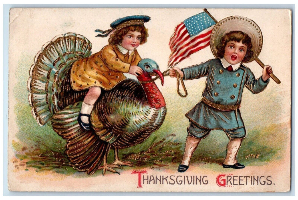 1900 Thanksgiving Greetings Children Cached Turkey Flag Kempton IL Postcard