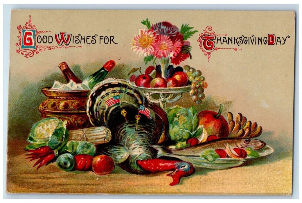 1909 Thanksgiving Day Turkey Fish Veggies Embossed Bloomington IL Postcard