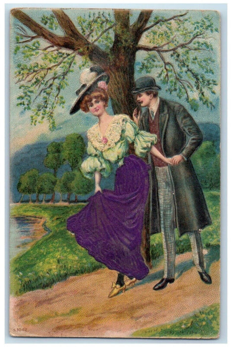 1908 Couple Romance Embossed Paincourtville Louisiana LA Silk Antique Postcard