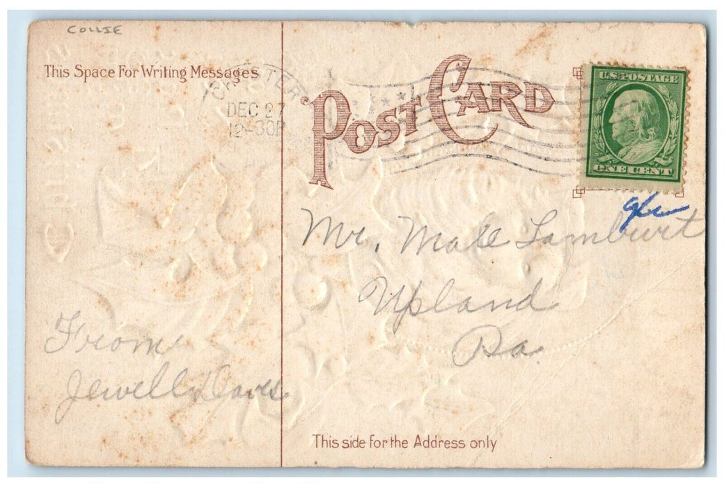 c1910's Merry Christmas Collie Dog Holly Berries Embossed Chester PA Postcard