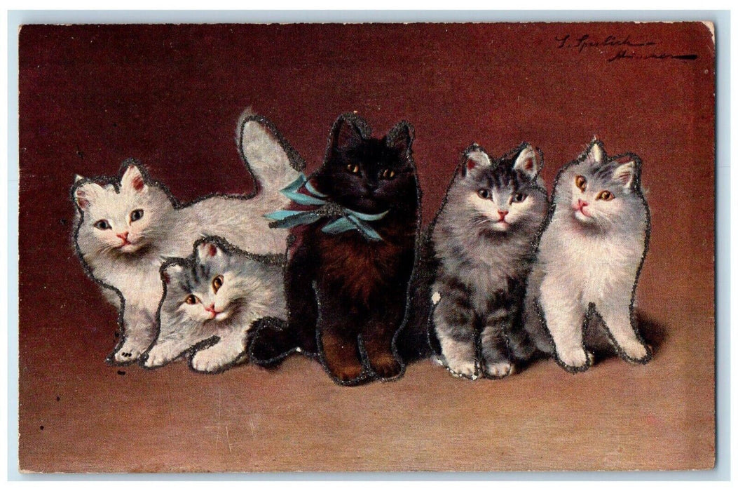 1910 Cute Cat Kittens Glitter Animals Kempton Illinois IL Antique Postcard