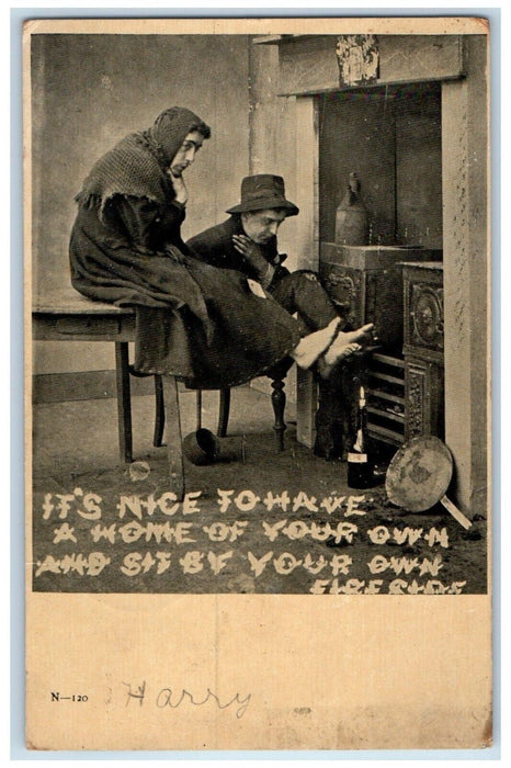 1907 Men Cold Feet Candle Light Humor Bamforth Kempton IL Antique Postcard