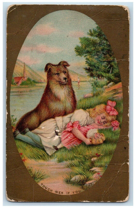 1909 Collie Dog Girl Sleeping With Doll Frankton Indiana IN Antique Postcard