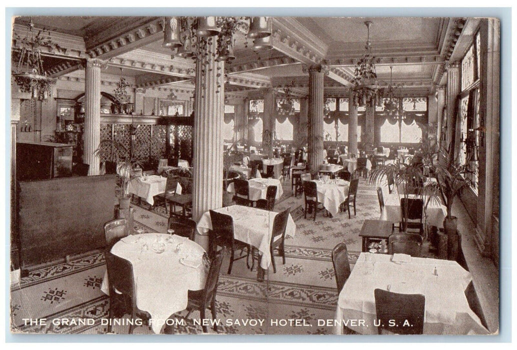 c1910 Grand Dining Room New Savoy Hotel Restaurant Denver Colorado CO Postcard