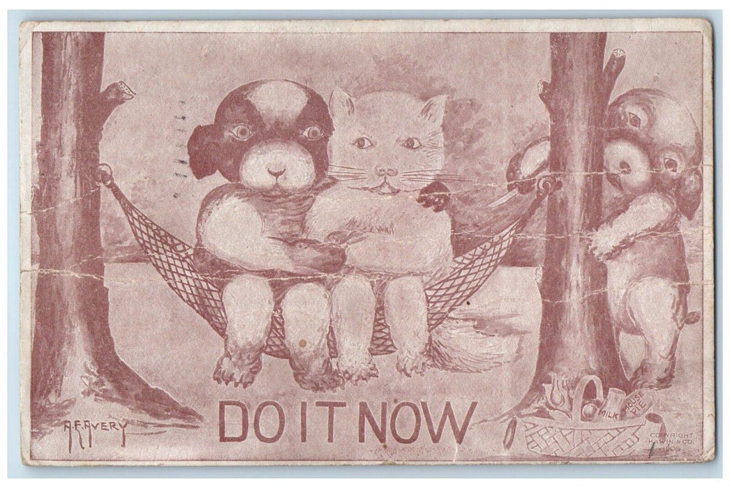 1910 Anthropomorphic Cat And Dog Hammock Moorhead Minnesota MN Antique Postcard