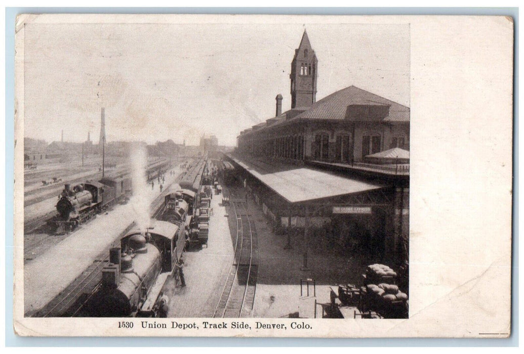 1906 Union Depot Track Side Locomotive Train Station Denver Colorado CO Postcard