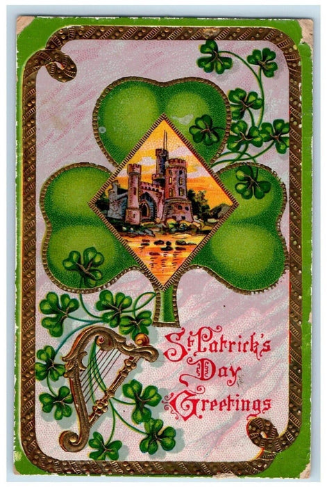 1911 St. Patrick's Day Greetings Shamrock Gel Gold Gilt Chicago IL Postcard