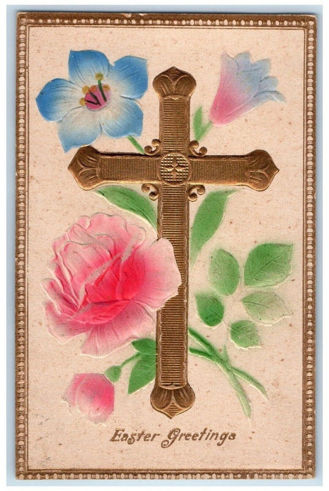 c1910's Easter Greetings Holy Cross And Flowers Airbrushed Embossed Postcard