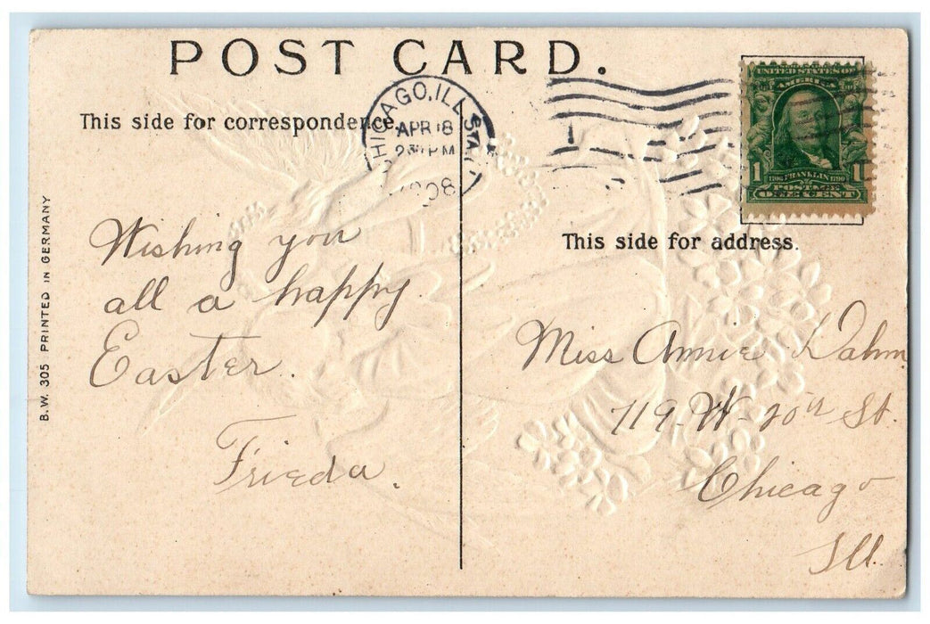 1908 Easter Angels Praying Lilies Flowers Embossed Chicago Illinois IL Postcard