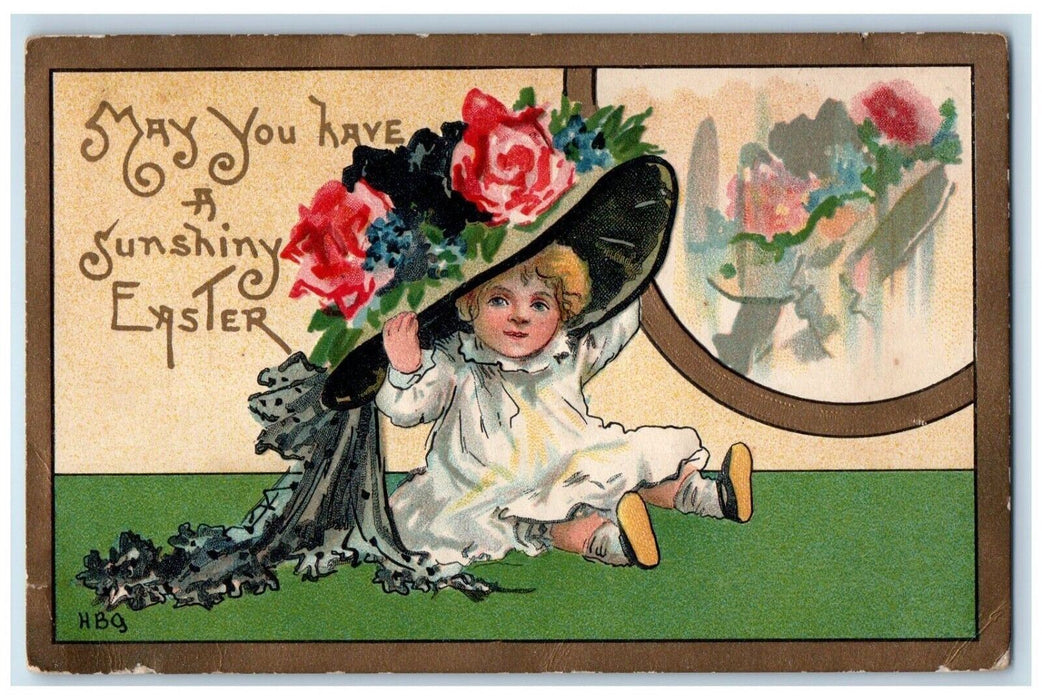 1912 Easter Little Girl Big Hat Flowers Embossed North Yakima WA Posted Postcard