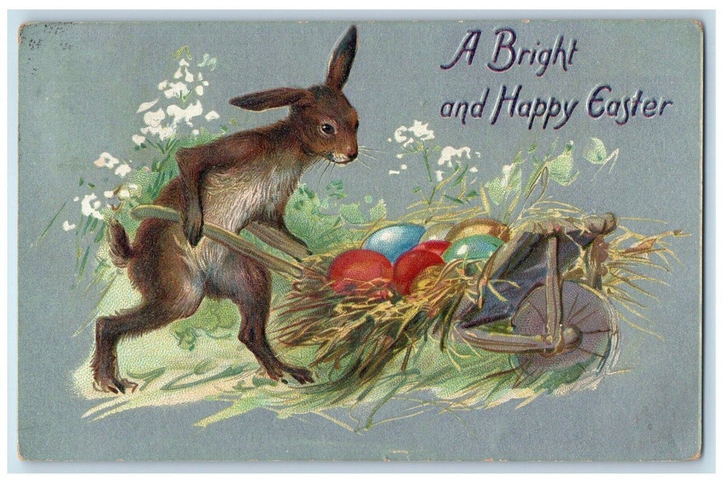 1908 Happy Easter Rabbit Pushing Cart Eggs Dyersville Iowa IA Tuck's Postcard