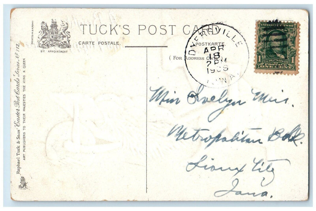 1908 Happy Easter Rabbit Pushing Cart Eggs Dyersville Iowa IA Tuck's Postcard