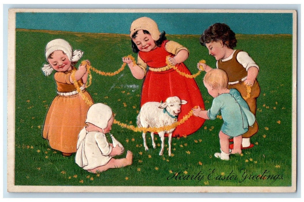 c1910's Easter Greetings Children Lamb Playing Baby Milk Embossed Postcard