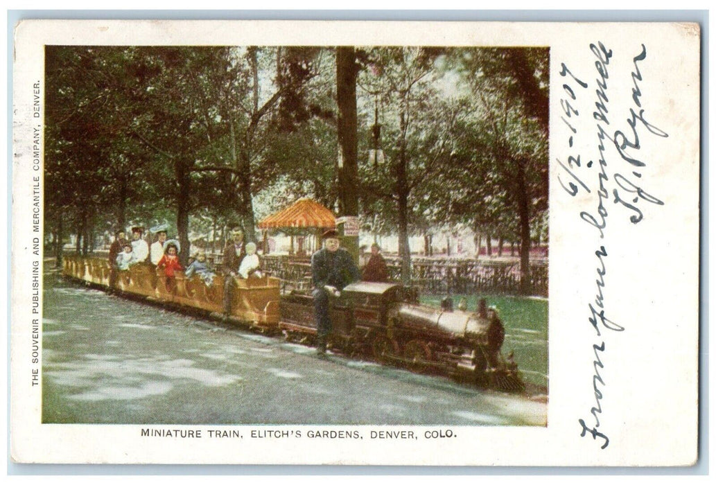 1907 Miniature Train Elitch's Gardens Amusement Park Denver Colorado CO Postcard