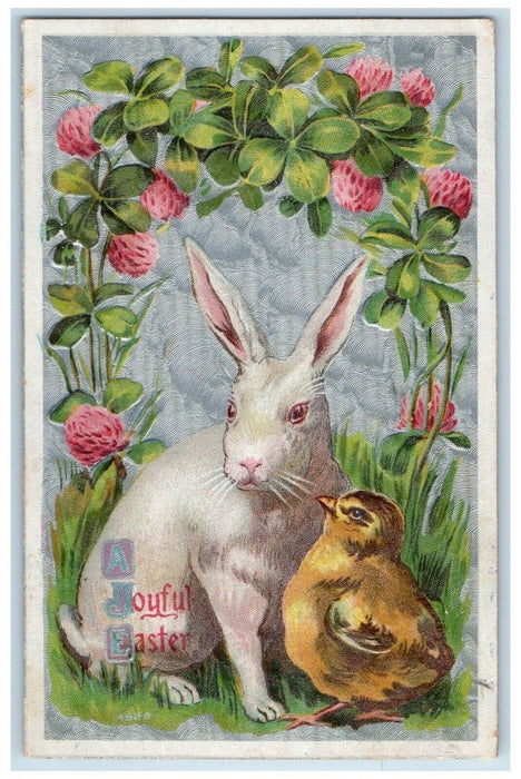 1910 Joyful Easter Rabbit Chicks Shamrock Flowers Embossed Dixon IL Postcard