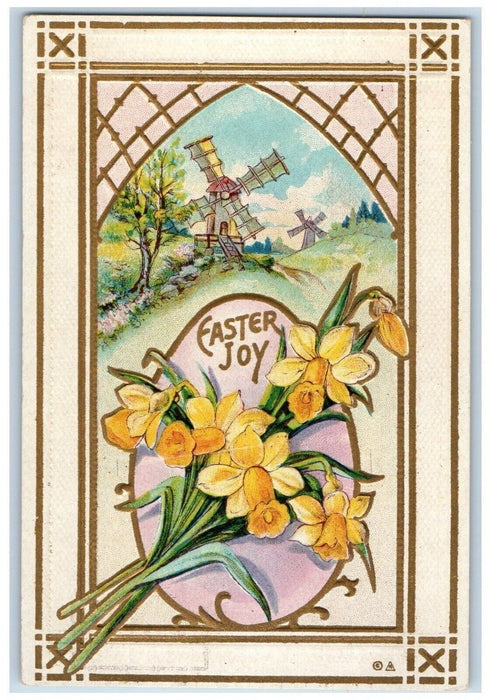c1910's Easter Joy Egg Flowers Windmill Embossed Nash Posted Antique Postcard