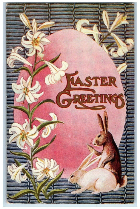 c1910's Easter Greetings Giant Egg Bunny Rabbit Lilies Flowers Antique Postcard