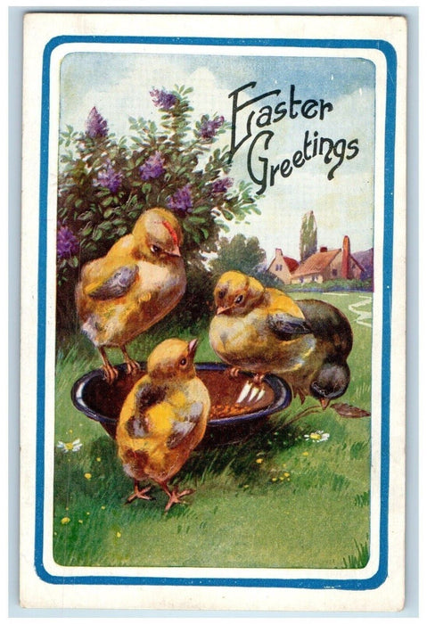 1924 Easter Greetings Chicks Eating Corn Embossed Indianapolis IN Postcard