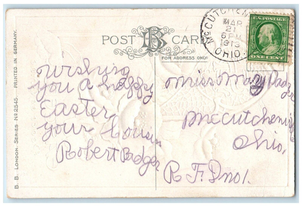 1913 Easter Flowers Embossed McCutchenville Ohio OH Posted Antique Postcard