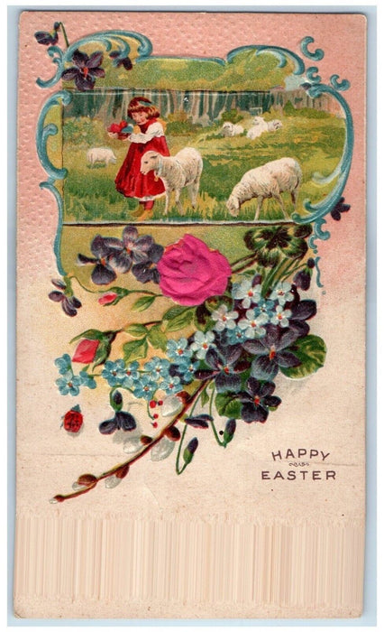 c1910's Happy Easter Girl Lamb Flowers Pipe Berry Embossed Silk Antique Postcard