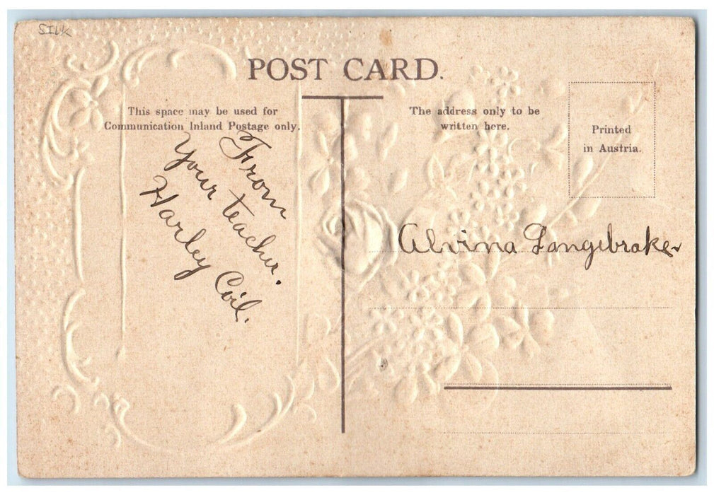 c1910's Happy Easter Girl Lamb Flowers Pipe Berry Embossed Silk Antique Postcard