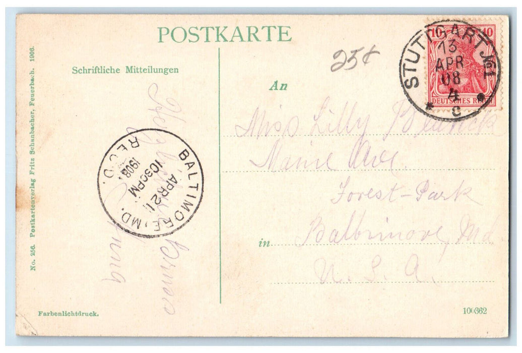 1908 Partie A Oberen Anlagensee Stuttgart Germany Baltimore Maryland MD Postcard