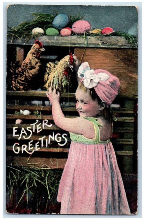 c1910's Easter Greetings Little Girl Holding Chicken Rooster Eggs Postcard