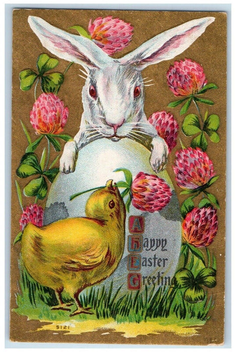 c1910's Easter Greetings Big Egg Rabbit Chick Shamrock Embossed Antique Postcard