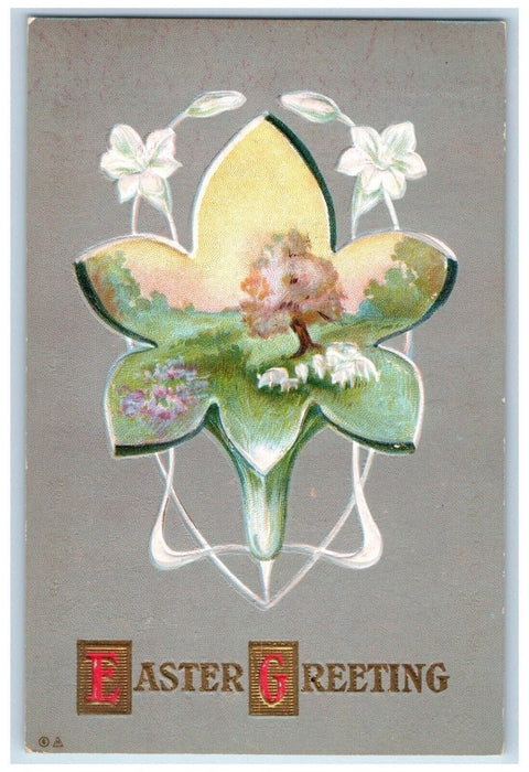 c1910's Easter Greetings Flowers Lamb And Trees Nash Embossed Antique Postcard