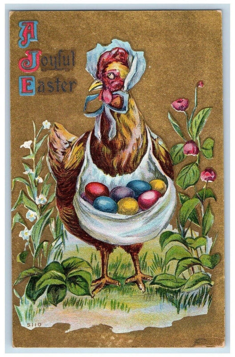 c1910's Easter Anthropomorphic Chicken Hen Eggs Flowers Embossed Postcard