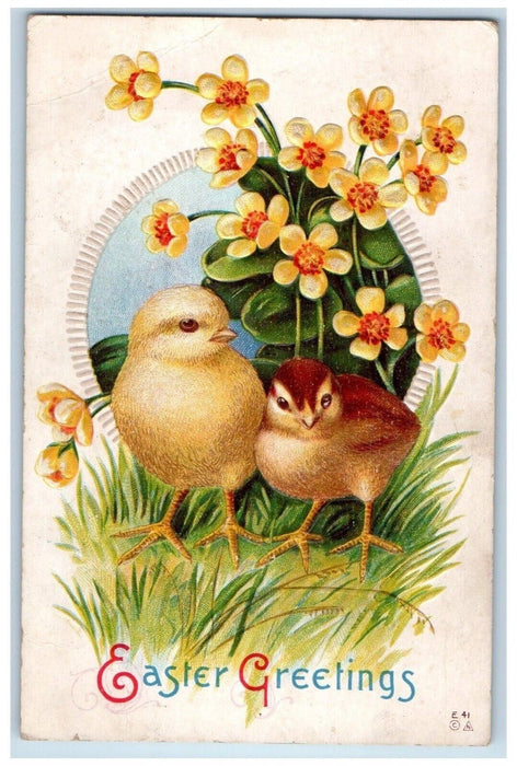 c1910's Easter Greetings Chicks And Flowers Embossed Posted Antique Postcard