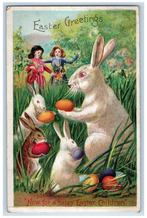 c1910's Easter Greetings Children Rabbit Hiding Eggs Flowers Antique Postcard