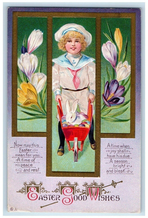 c1910's Easter Good Wishes Boy Rabbit Eggs In Cart Toy Flowers Nash Postcard