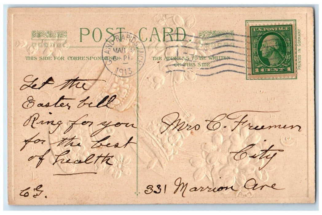1913 Easter Wishes John Winsch Ringing Bells Flowers Grand Rapids MI Postcard