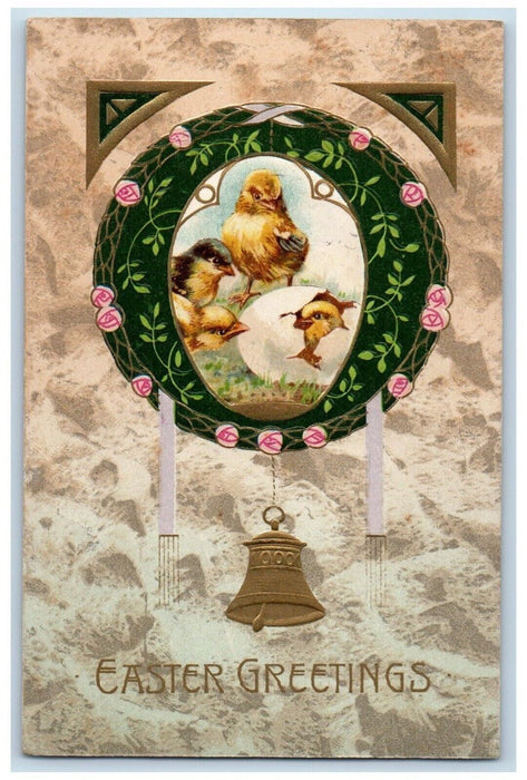 1908 Easter Greetings Hatched Egg Chicks Bell Winsch Back Embossed Postcard