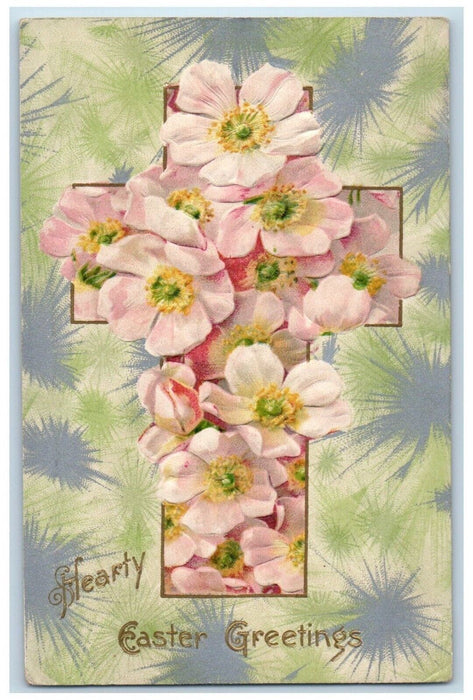 c1910's Easte Greetings Holy Cross Pink Flowers Winsch Back Embossed Postcard