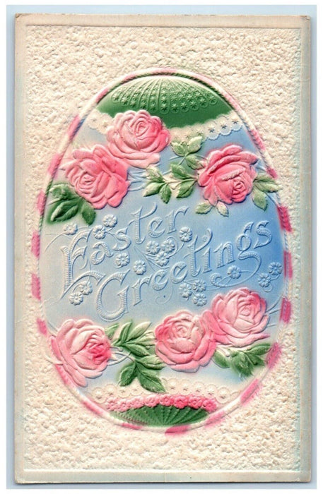 c1910's Easte Greetings Giant Egg Flowers Embossed Posted Antique Postcard