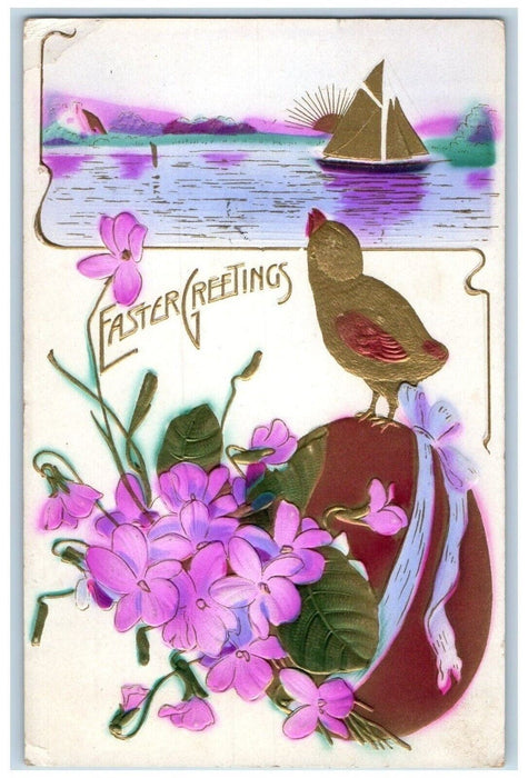 c1910's Easter Greetings Chick Egg Flowers Sailboat Airbrushed Embossed Postcard