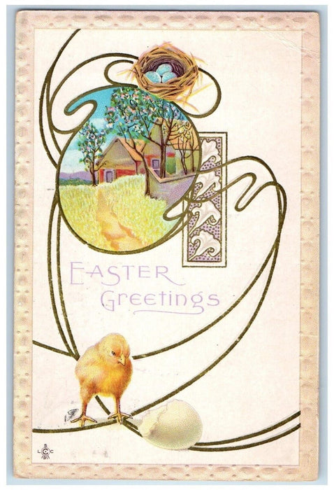 1913 Easter Greetings Chick Egg Nest House Embossed Philadelphia PA Postcard